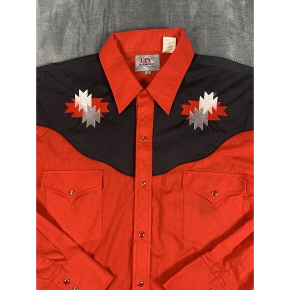 Ely Diamond Western Shirt Mens Large Red Black Pearl Snap Embroidered Aztec - Picture 2 of 6